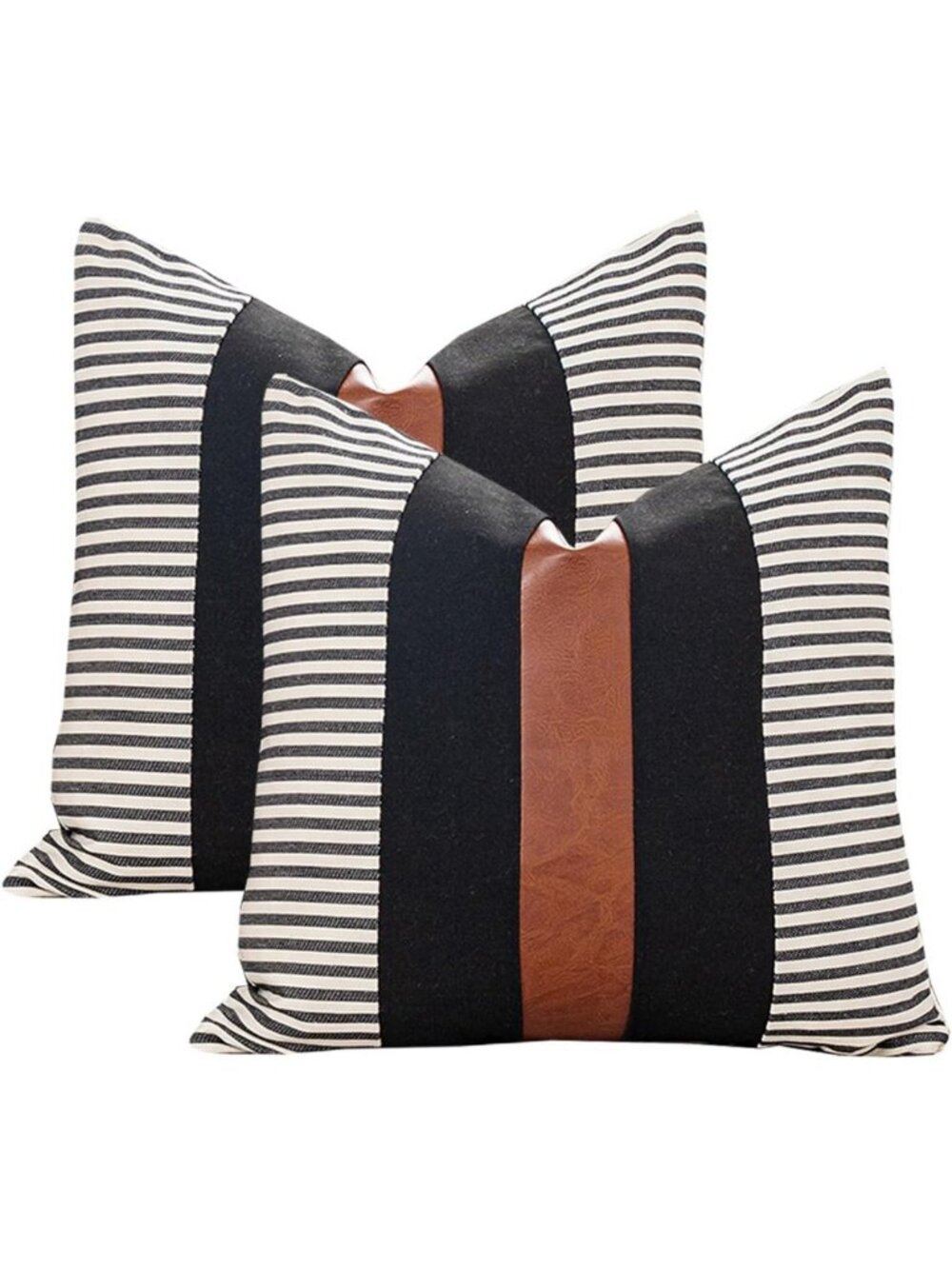 Set of 2 Boho Throw Pillow Covers 20x20" - Farmhouse Stripe & Faux Leather